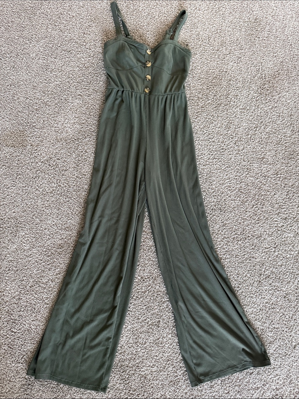 No Boundaries Olive Green Wide-Leg Button Front Jumpsuit